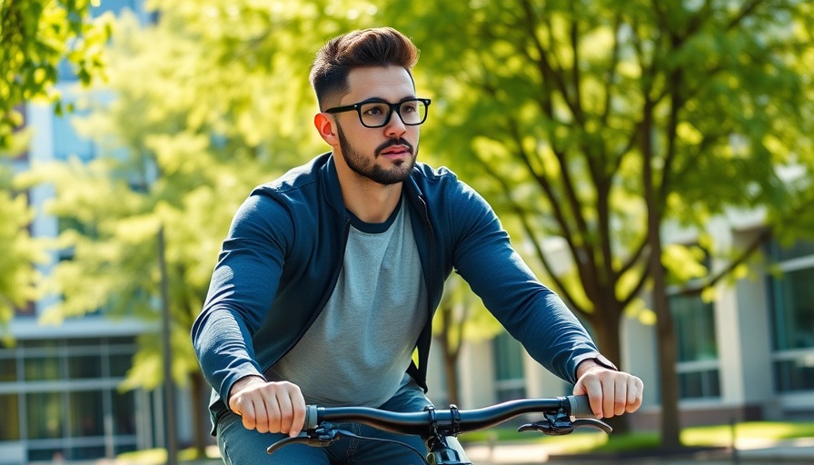Cyclist with wearable health tech on arm riding through campus.