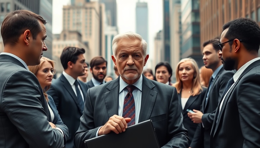 Confident elderly businessman in urban skyscraper setting discussing investments.