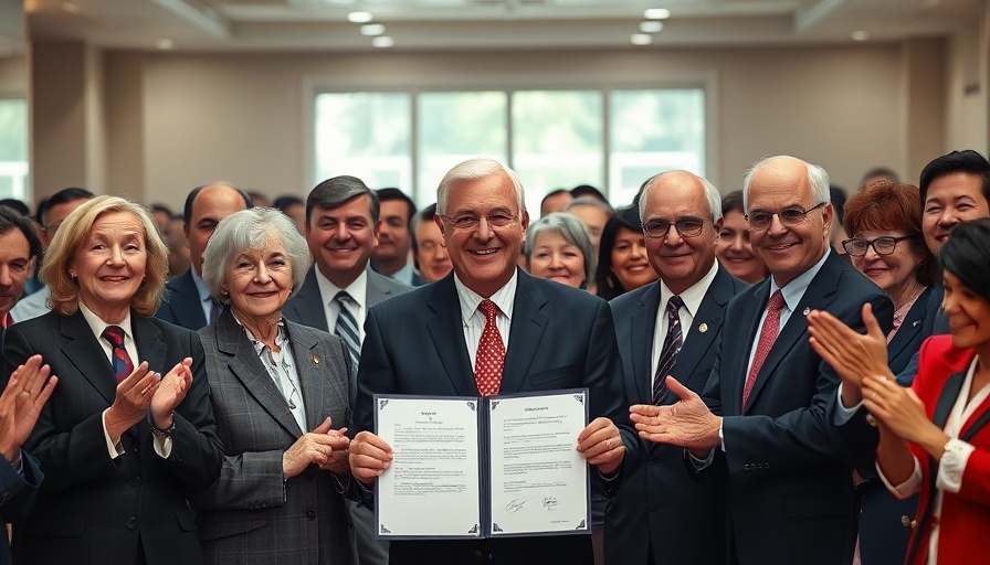 Officials at a signing event, central figure holding document, crowd applauding in a formal setting.