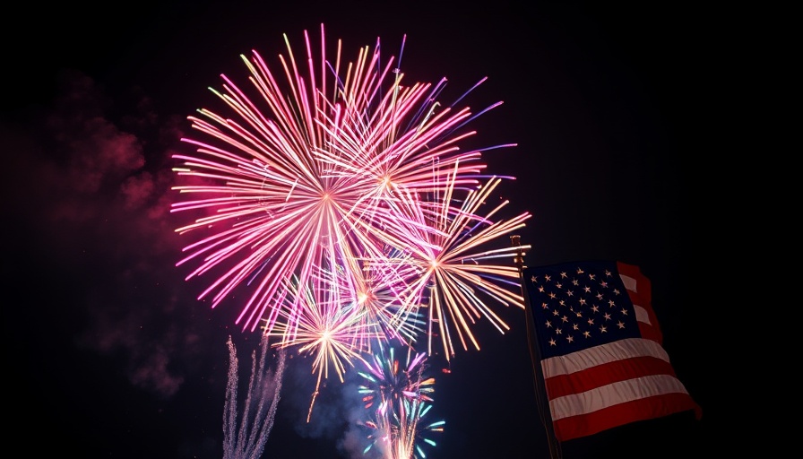 Dramatic fireworks display with American flag in night sky.