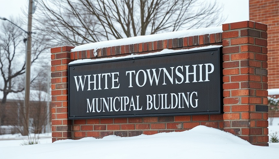 White Township Municipal Building sign outdoors, winter, light snow.