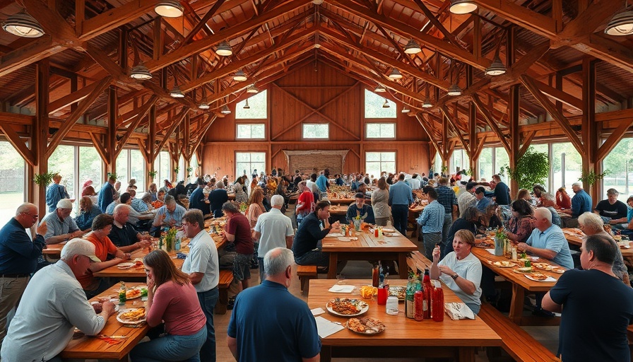 Community event in Muskegon pavilion with people eating at tables.