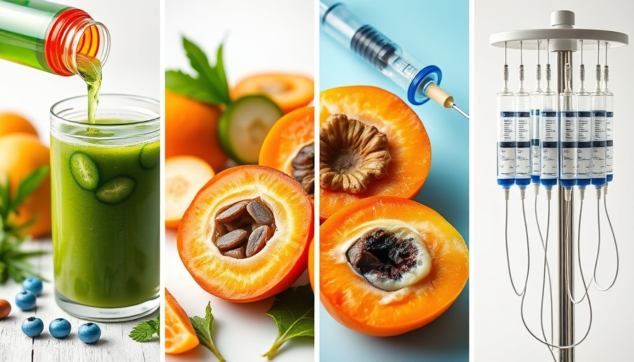 Alternative health care options collage with supplements and smoothies.