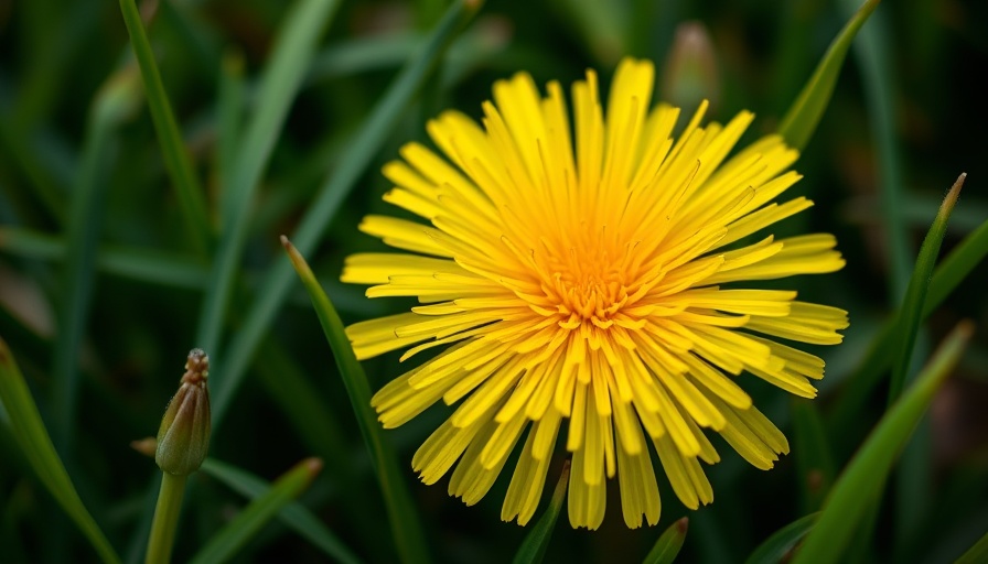 Vibrant yellow dandelion in lush grass, Shelby MI.