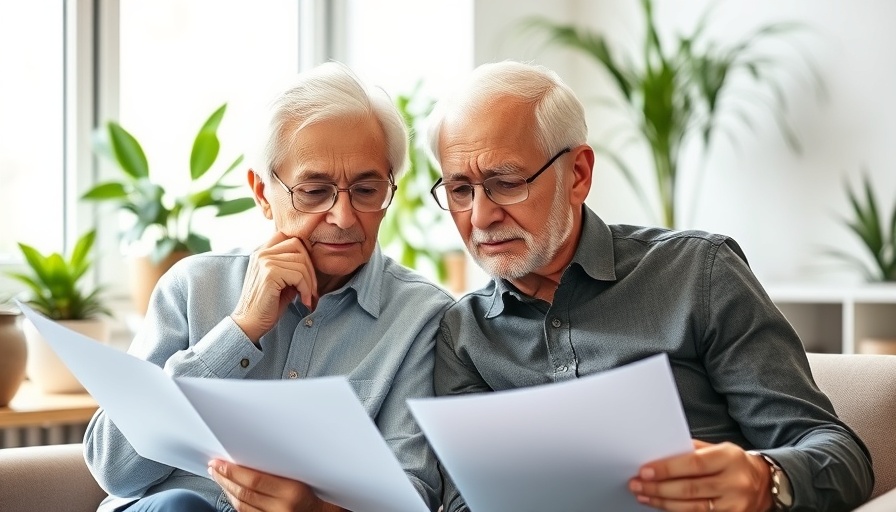 Elderly couple reviewing retirement documents, thoughtful expressions.