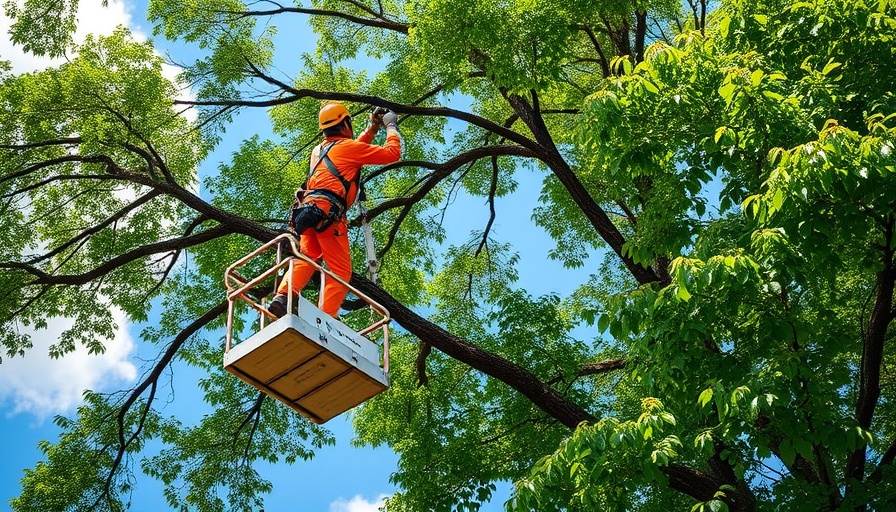Tree care professional on aerial lift trimming branches on a sunny day.