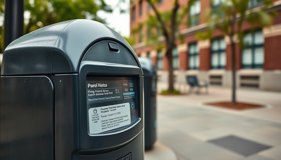 Modern parking meter on urban sidewalk with brick building.
