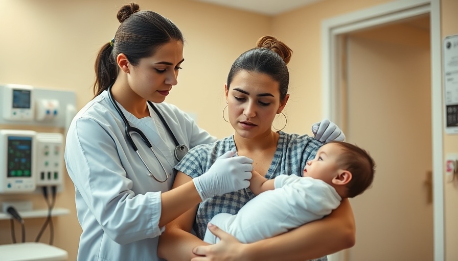 Concerned mother holds baby as nurse administers vaccine in clinic.