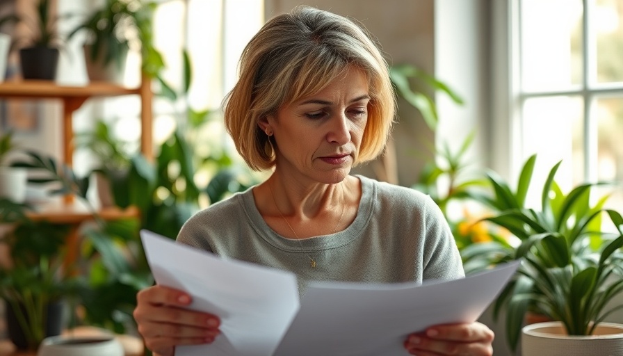 Middle-aged woman reviewing financial documents, natural light, cozy setting.