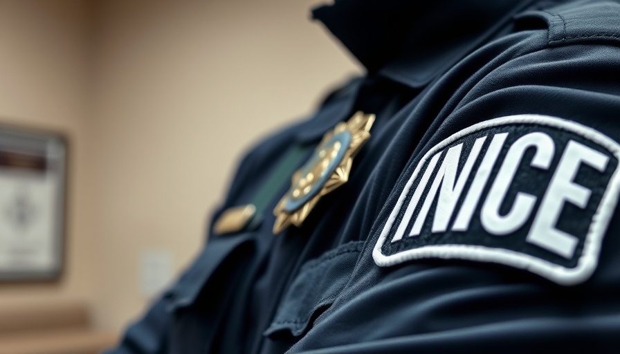 Close-up of ICE officer uniform with badge and gear, neutral lighting.