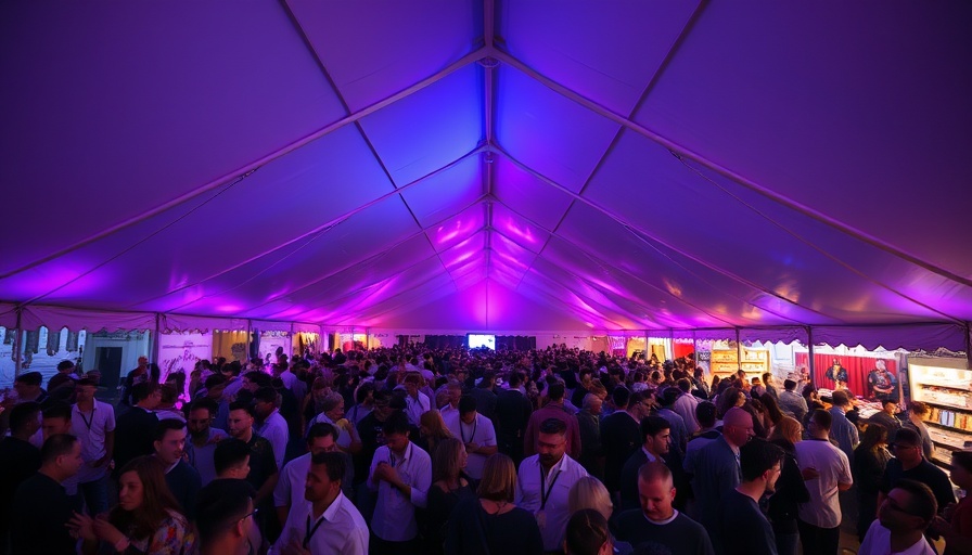 Vibrant night event under a tent with purple lighting, large crowd