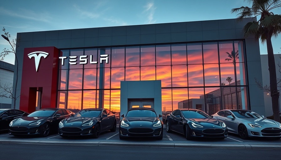 Tesla dealership and cars at sunset reflecting modernity.