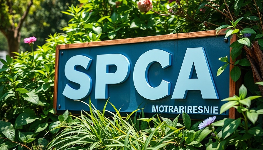 Charlottesville-Albemarle SPCA sign surrounded by greenery.