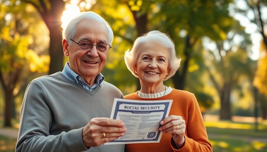 Elderly couple holding Social Security form in park, Muskegon application context.