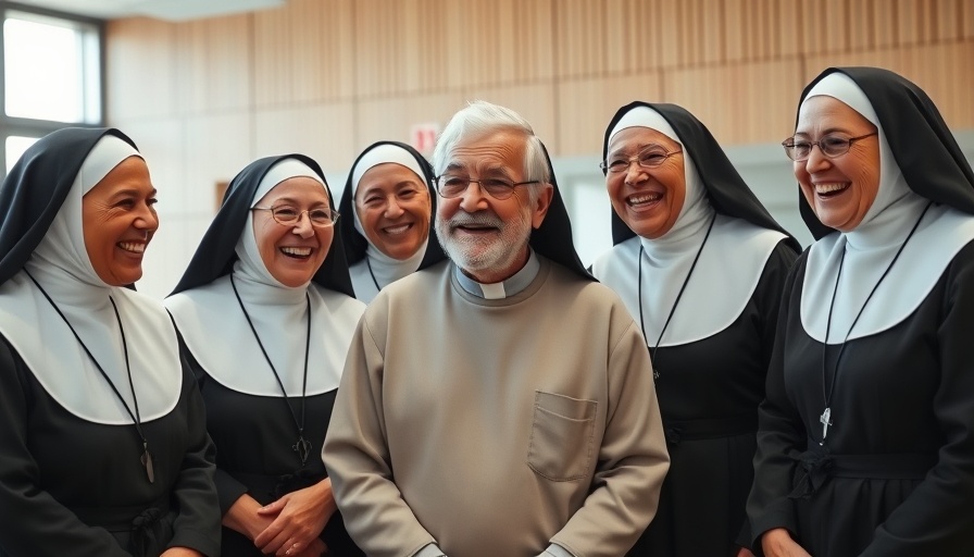 Joyful nuns and elderly man laughing, cheerful elder care moment.