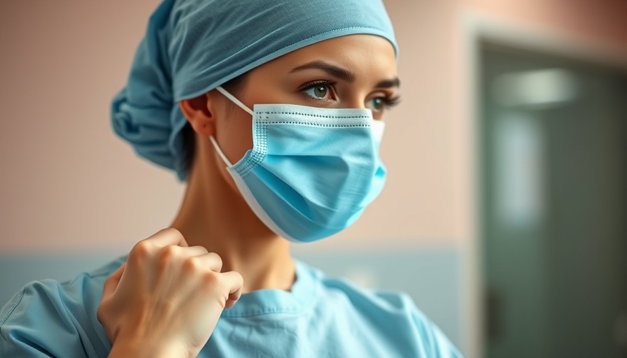 Healthcare worker adjusting mask in clinical setting.