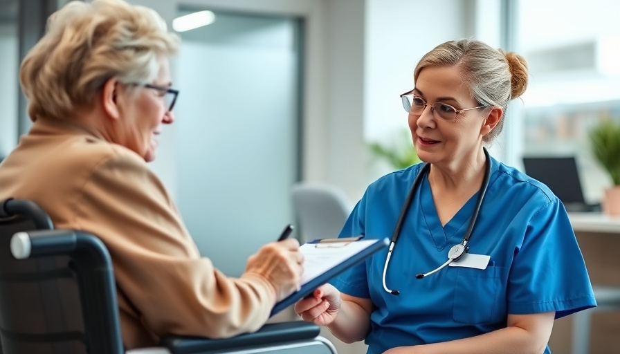 Nurse consulting elderly patient in medical office, Medicare Medicaid Advantage coverage Muskegon.