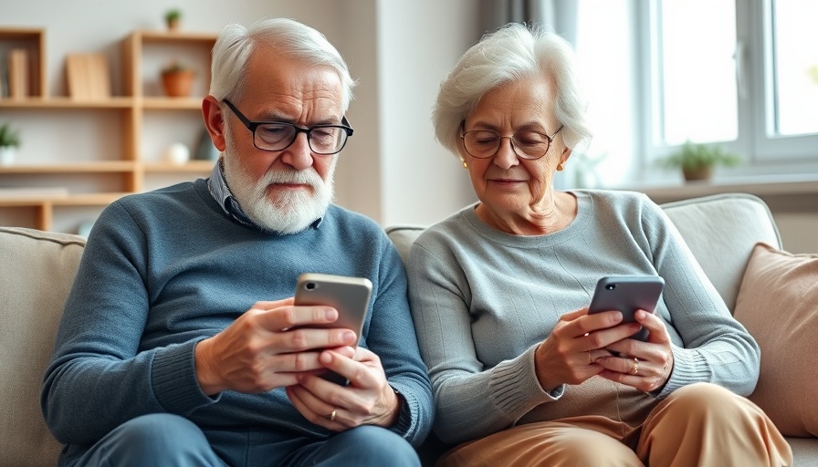 Elderly couple using phones, Alzheimer's support app focus.