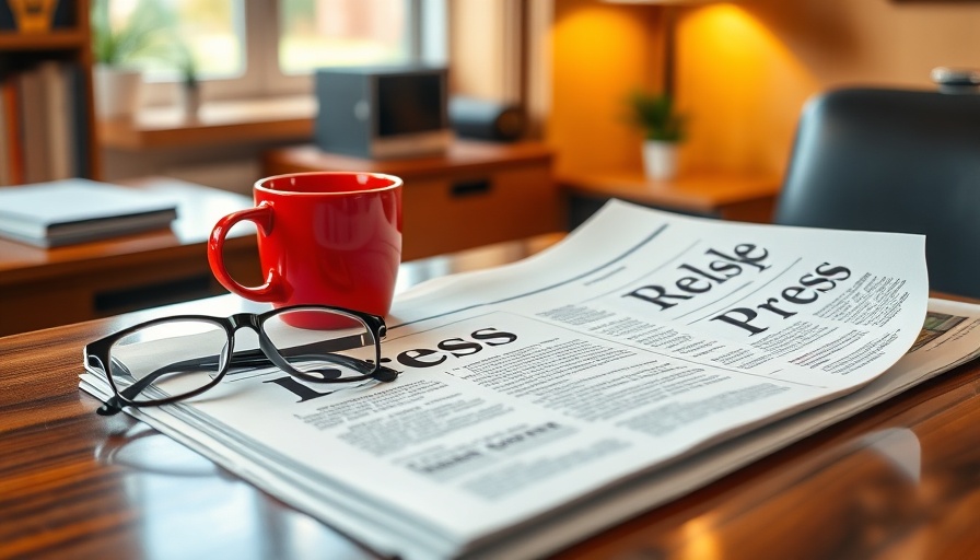 Newspaper press release on wooden desk with coffee cup.
