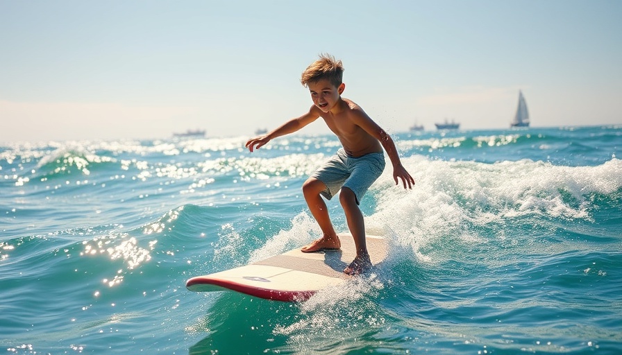 Young boy surfing at Surfers for Autism festival Fort Myers Beach, sunny day.