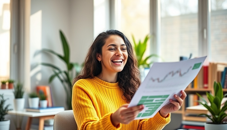 Joyful woman evaluating stock charts in modern office, Investing $10,000 in Apple.
