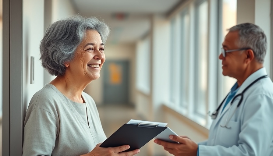 Mature woman consulting with doctor in clinic hallway.