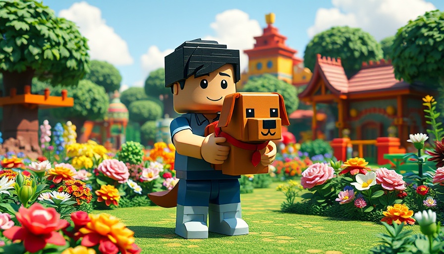 Blocky character holding a large blocky dog in vibrant pixelated garden.