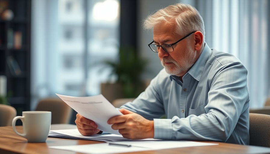 Senior man reading accident form at table with coffee cup