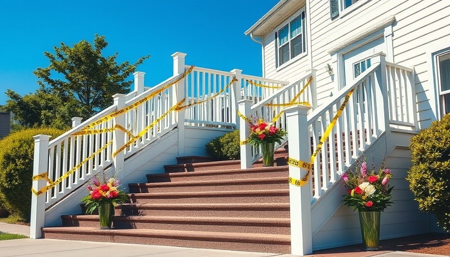 Caution tape and flowers on steps outside building in Muskegon.