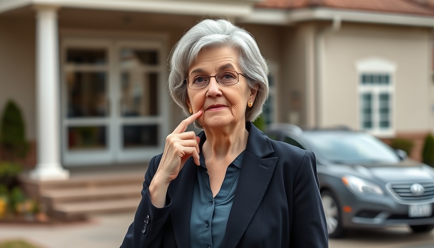 Middle-aged woman outside senior living facility, senior living safety protocols.