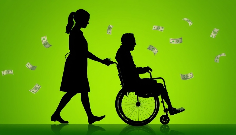 Affordable senior care options depicted with caregiver pushing wheelchair on green background.