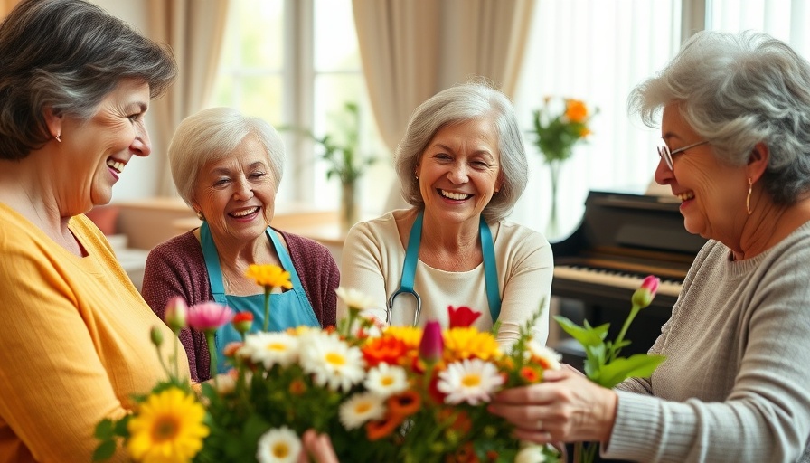 Smiling caregivers and seniors in a flower activity, Richmond.
