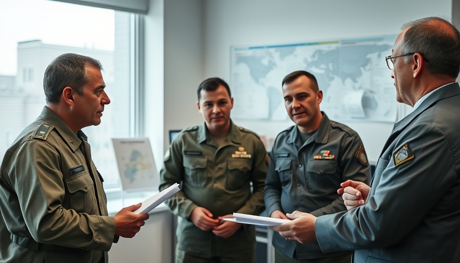 Office meeting with military and civilian discussing benefits of exchange shopping for seniors.