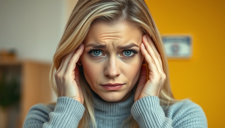 Stressed woman with Social Security card backdrop, applying for benefits in Muskegon.