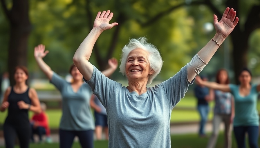Senior woman enjoying free health class in Arlington park.