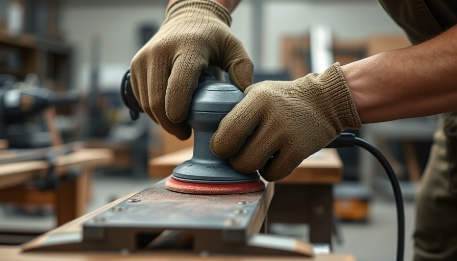 Close-up of manufacturing process with power sander and metal piece.
