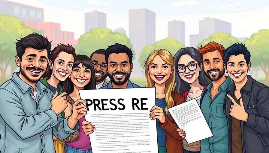 Cartoon promoting press release distribution service, diverse characters smiling.