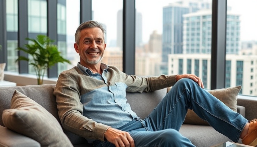 Middle-aged man relaxing on sofa with city view, highlighting casual ease.