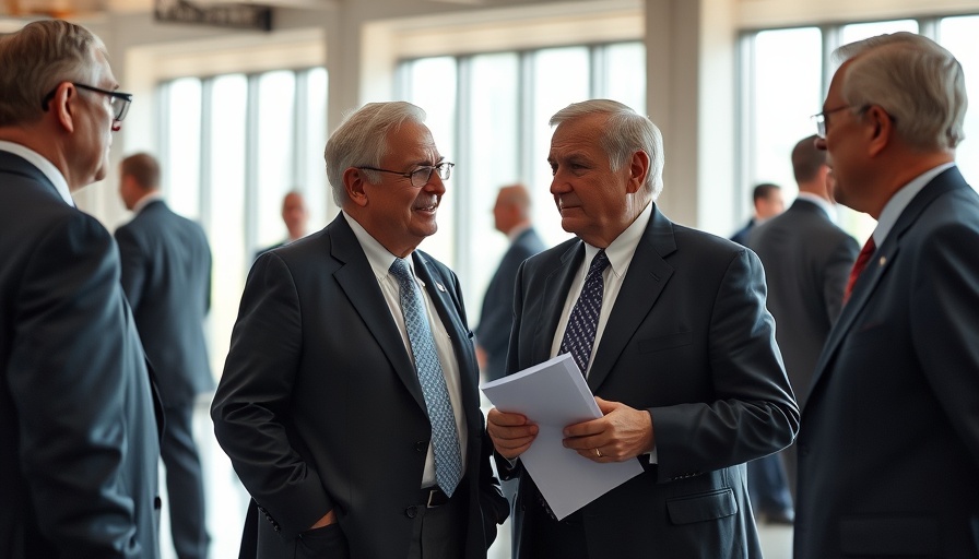 Elderly men discussing Medicare Medicaid benefits at a formal event.