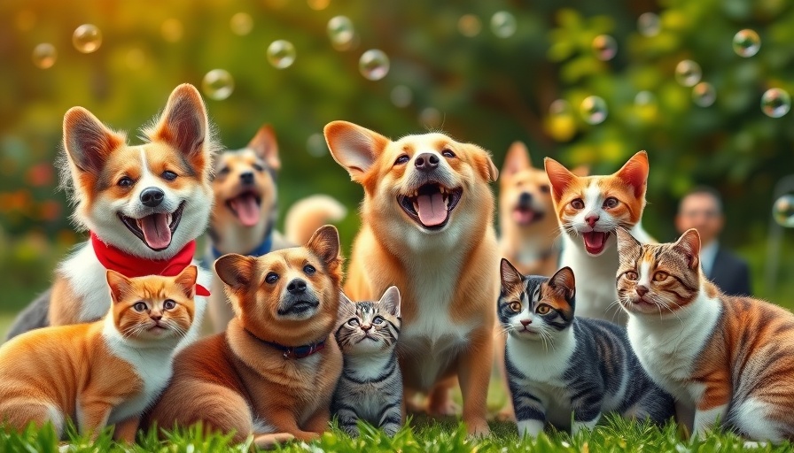 Aging pets Muskegon: playful dogs and cats in a sunny garden.