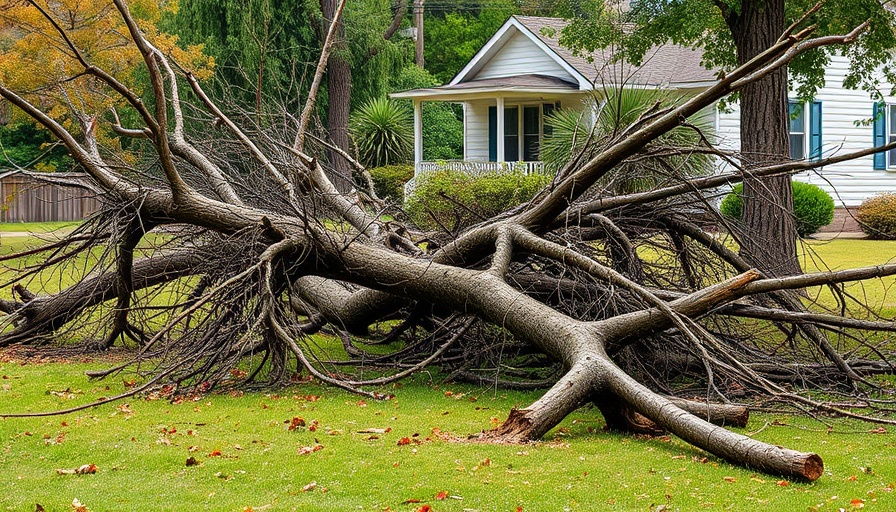 Severely damaged trees lying across yard after storm, post-storm tree care context.