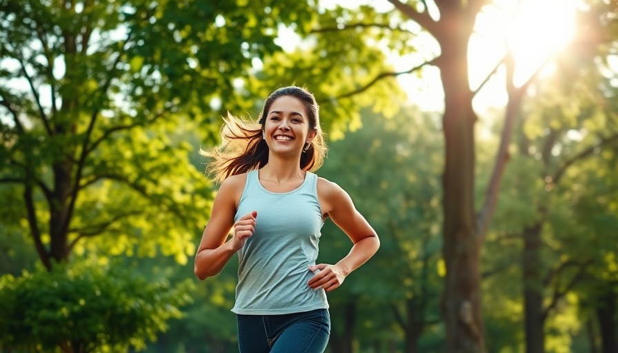 Running woman in park for cardiovascular health benefits.