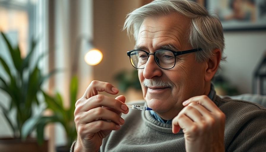 Older man managing diabetes at home.