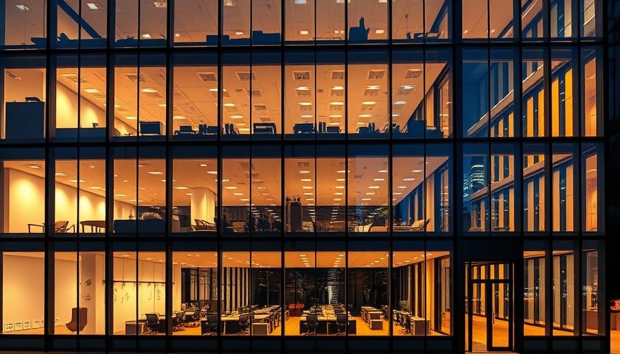 Illuminated modern office building at night, questioning AI job impact