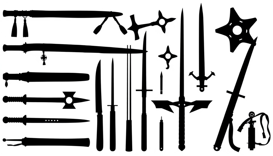 Silhouette of martial arts weapons including nunchaku and swords.