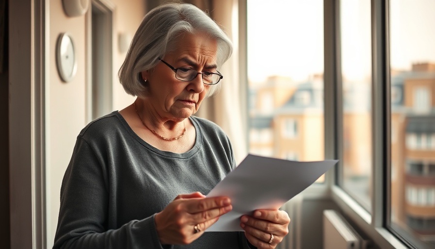 Elderly woman reading letter in hallway, worried, natural light.