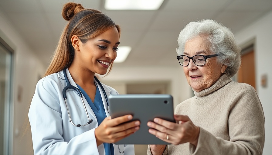 Healthcare professional supporting elderly woman with technology, Elderly support services Muskegon.