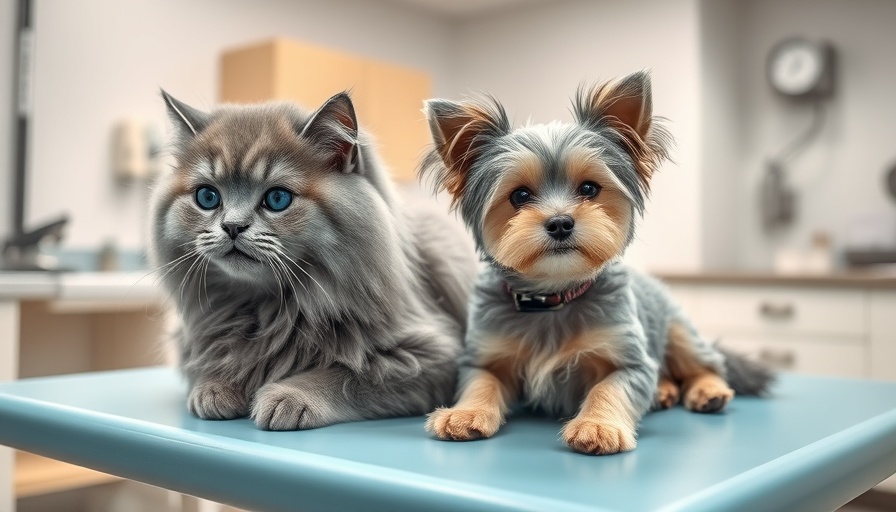 Fluffy cat and small dog at vet clinic, related to anti-aging pill for pets.