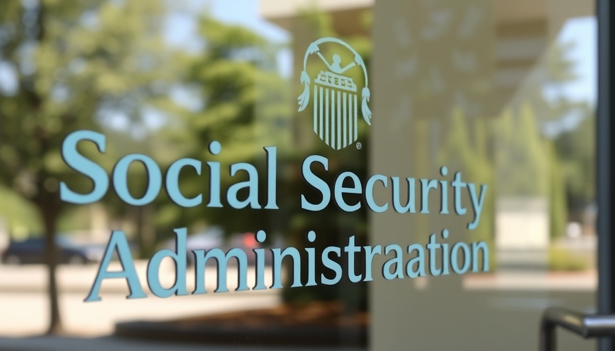 Social Security Administration logo on glass with tree reflections, Muskegon.