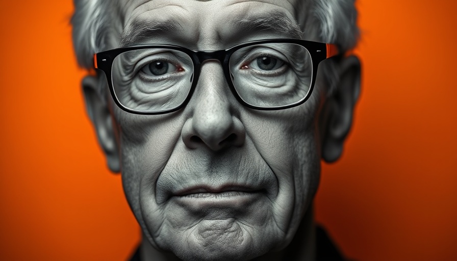 Portrait of older man in glasses, textured orange background, autism care Muskegon.